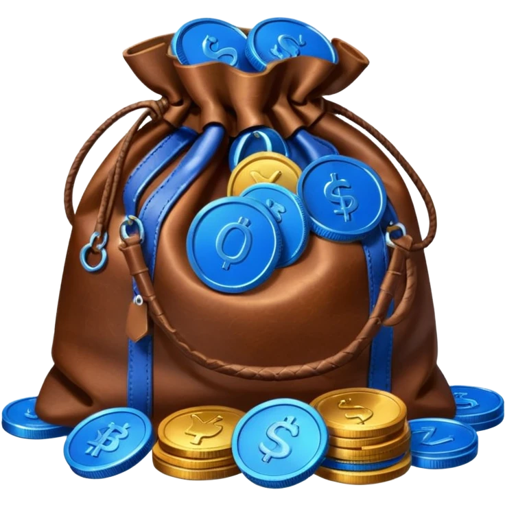 leather bag on top of blue coins stack emoji