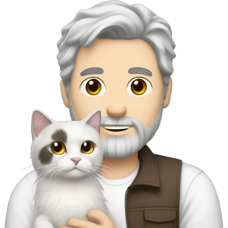 White men with mix of dark brown and grey hair and beard holding white ragdoll cat emoji