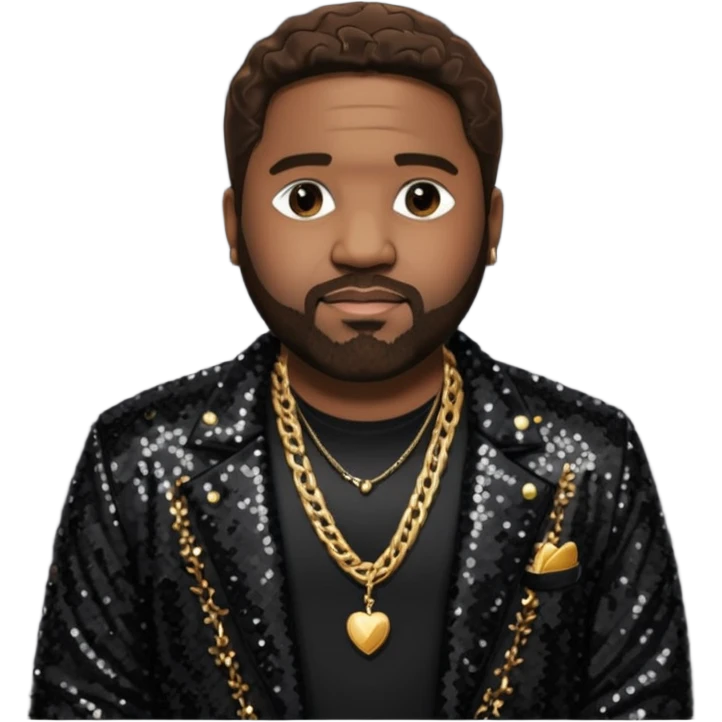 Gerald Levert with dark brown hair, black sequin jacket, black shirt with necklace emoji