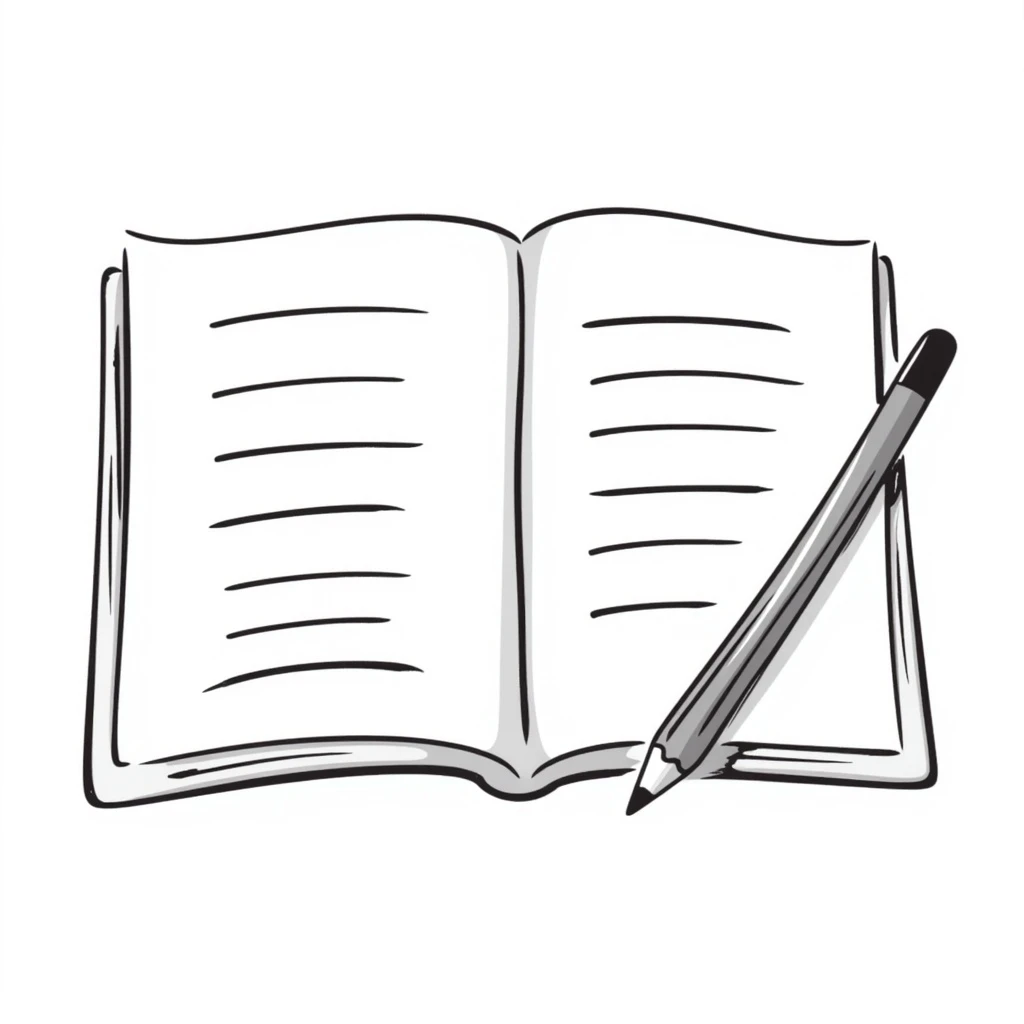 a copybook with pencil, academic study mood, hand-drawn doodle style emoji