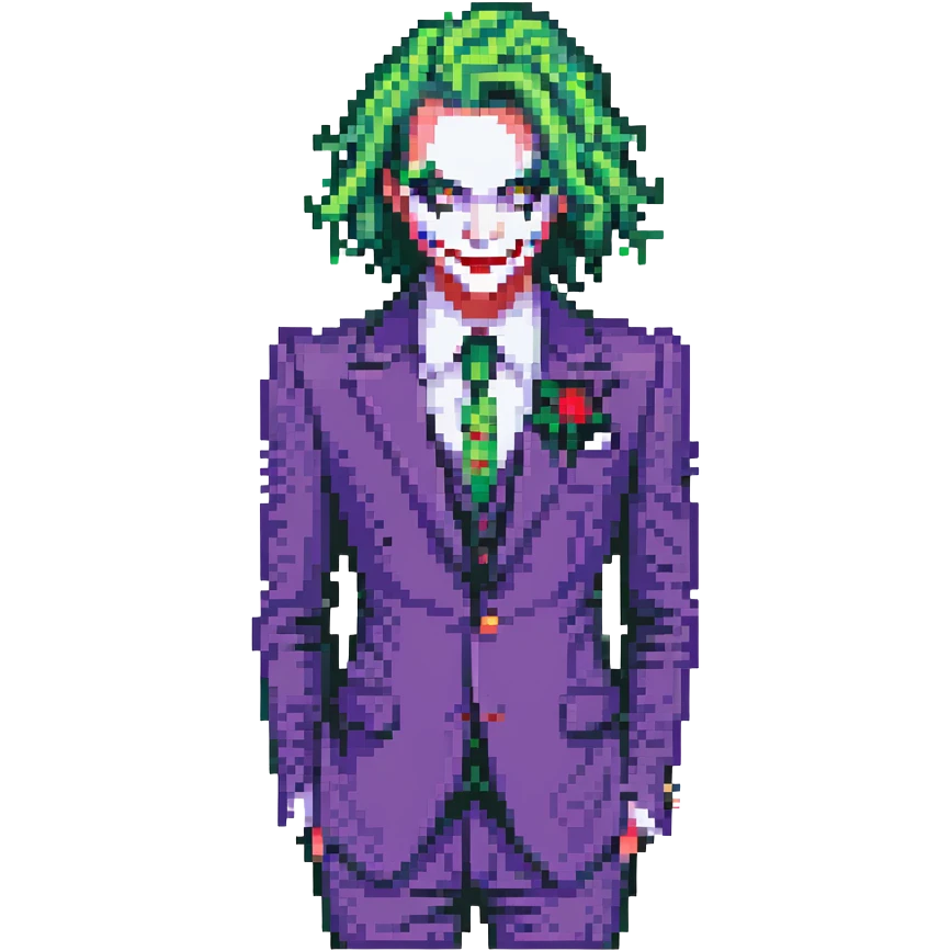 The Joker villain full body with green hair, purple suit, white face, red lips emoji