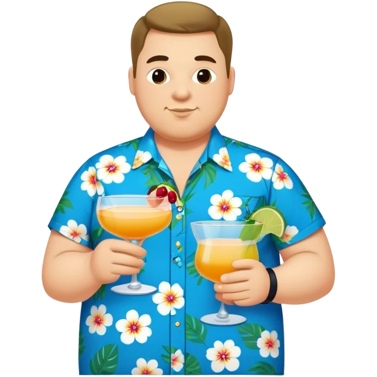 chubby guy full figure in a flowered azure havai shirt holding a cocktail emoji