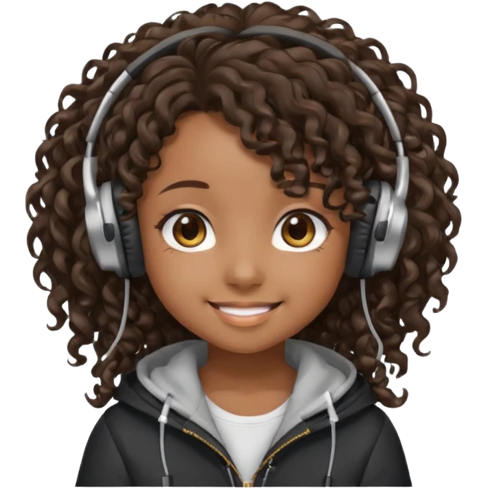 chibi anime black girl long curly hair smiling with head phones on emoji