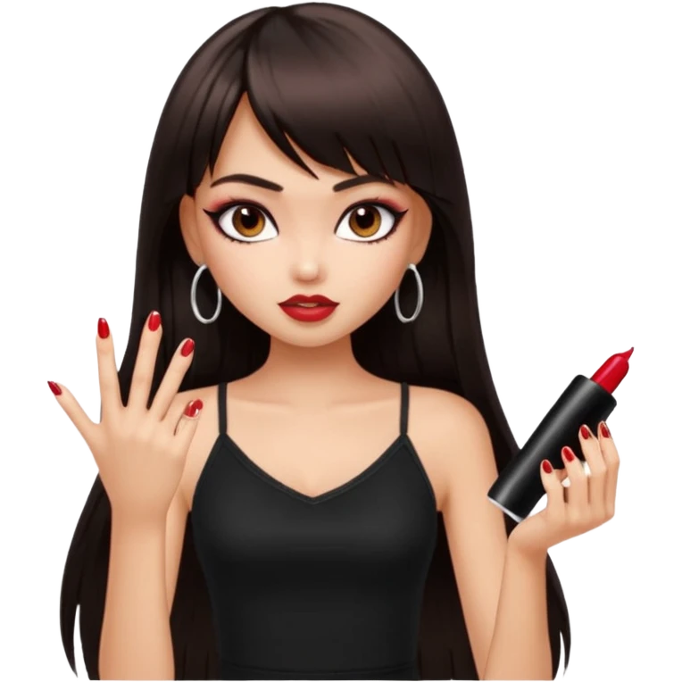generate a pretty bratz girl in black cami top, dark brown straight long hair with bangs, eyeliner on, getting her nails done emoji