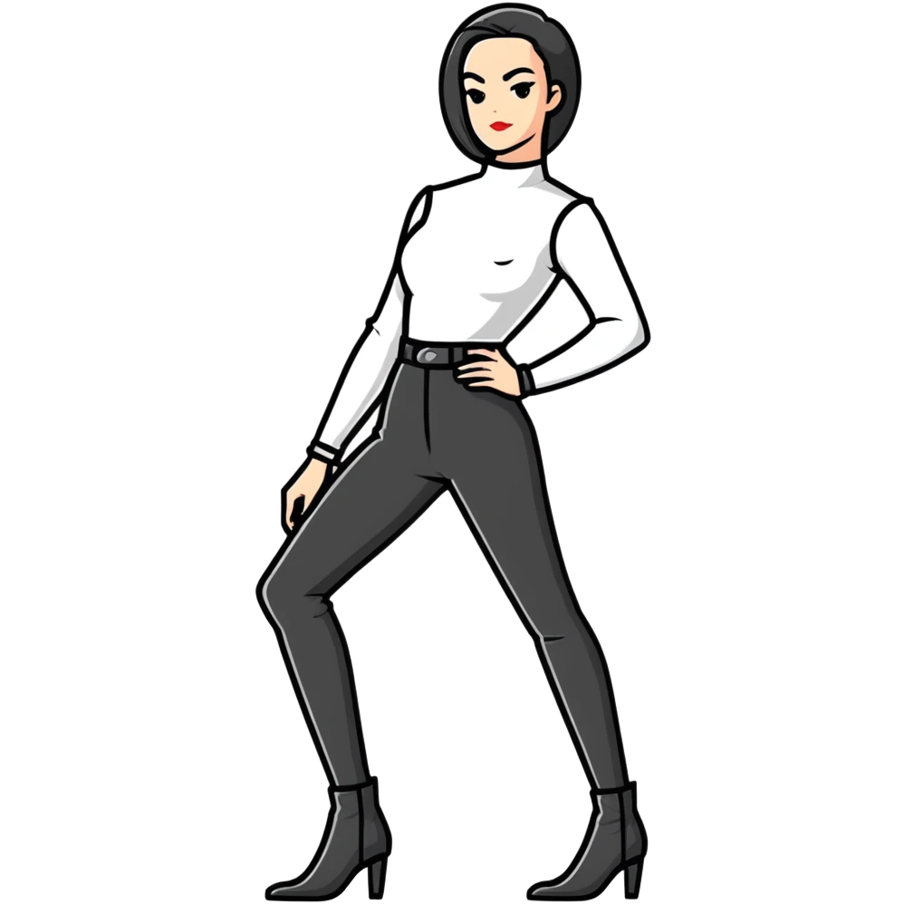 female character with oval-shaped flat-top head wearing tight black pants and black medieval high-heeled boots emoji