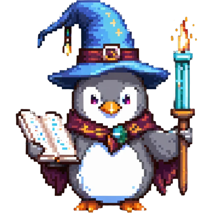 penguin wizard with a wizard hat and a spellbook emoji