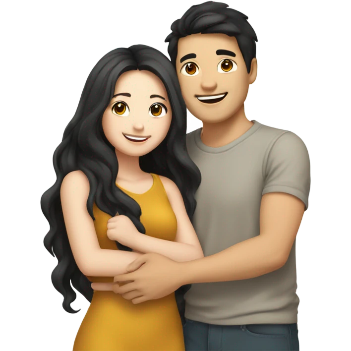 A cute and very happy Asian couple hugging each other very tight. The girl has long dark wavy hair and pale skin and dark hazel eyes, the Man has short dark straight hair and bright amber eyes and is pale emoji