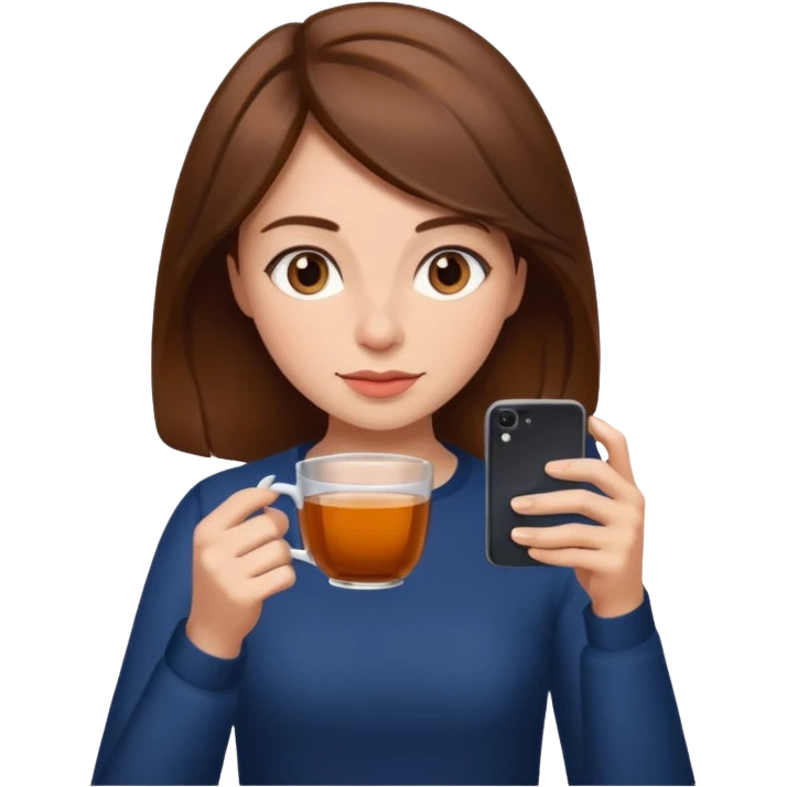 drinking tea looking phone brown hair women emoji