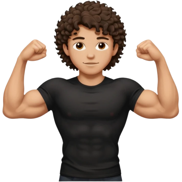 muscular teen boy with veiny hands arms and biceps. has messy brunette curly hair with tan skintone with black tshirt emoji