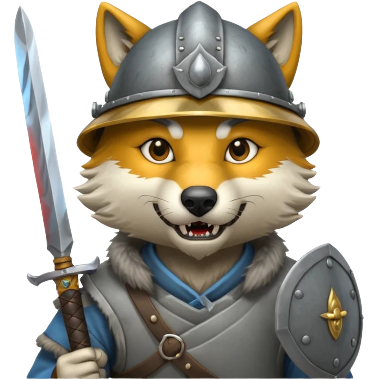 wolf face, mogolian ancient hold small sword front and steel helmet emoji