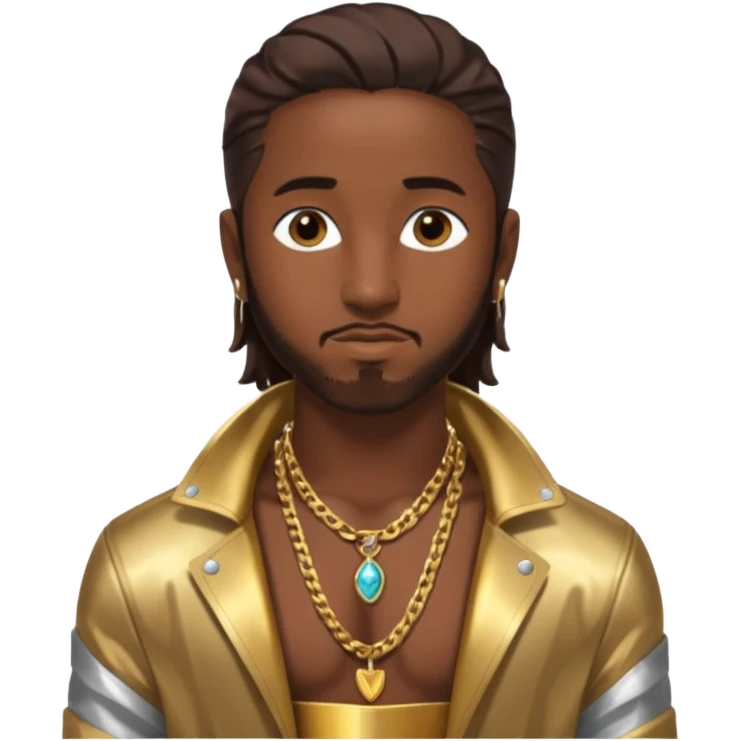 Omarion with long dark brown hair, shirtless with necklace, metallic bronze jacket emoji