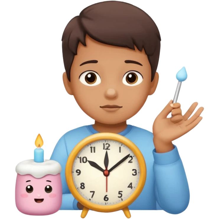 Emoji-style marshmallow test, child choosing between 1 marshmallow now and 2 later, clock above showing 15 minutes, cute lighting and pastel colors emoji