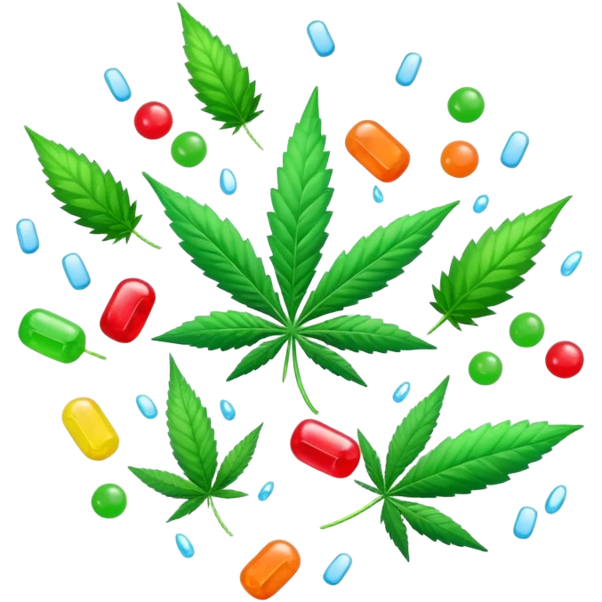 candy rain with cannabis leaf, colorful candies falling with marijuana leaf emoji