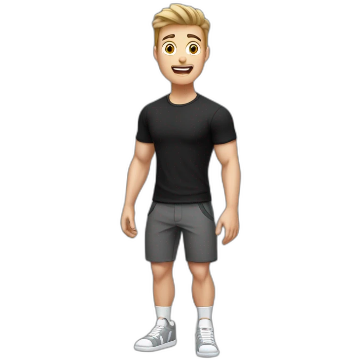 amazed Open with surprise mouth Pale skinned Fit Man With the biceps and dark brown hair in black shirt, gray sports shorts and white Sneakers emoji