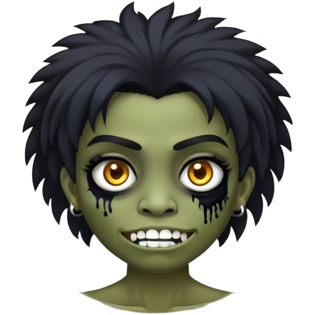 Faça eu zombie, eu tenho cabelos pretos com uma franja, olhos castanhos claros, meu maxilar é marcado, eu uso uma blusa preta que a manga é caida de um ombro emoji