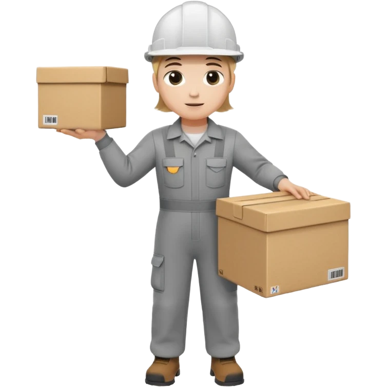 Tengo que dar una capacitacion de orgonomia, necesito un emoji de un operario con casco blanco y buzo gris de manga larga que levante una caja cerrada con las dos manos a la altura de los hombros y que tenga cara de esfuerzo fisico. Que no este saludando, las dos manos sosteniendo la caja emoji