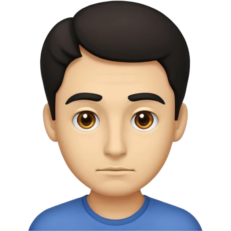 emoji a medio cuerpo hasta la cintura, hombros anchos, de un hombre, con cejas gruesas inclinadas hacia abajo, nariz medio grande, hombros anchos, sin sonrisa, hombros anchos, cabello ondulado con un corte adolecente, cabello negro. ojos negros. emoji