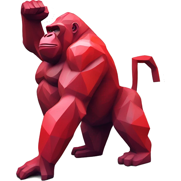 A red gorilla sculpture with a geometric, faceted design. The gorilla is standing upright with one arm raised, showcasing its angular and abstract features. The vibrant red color highlights the sharp edges and planes. emoji