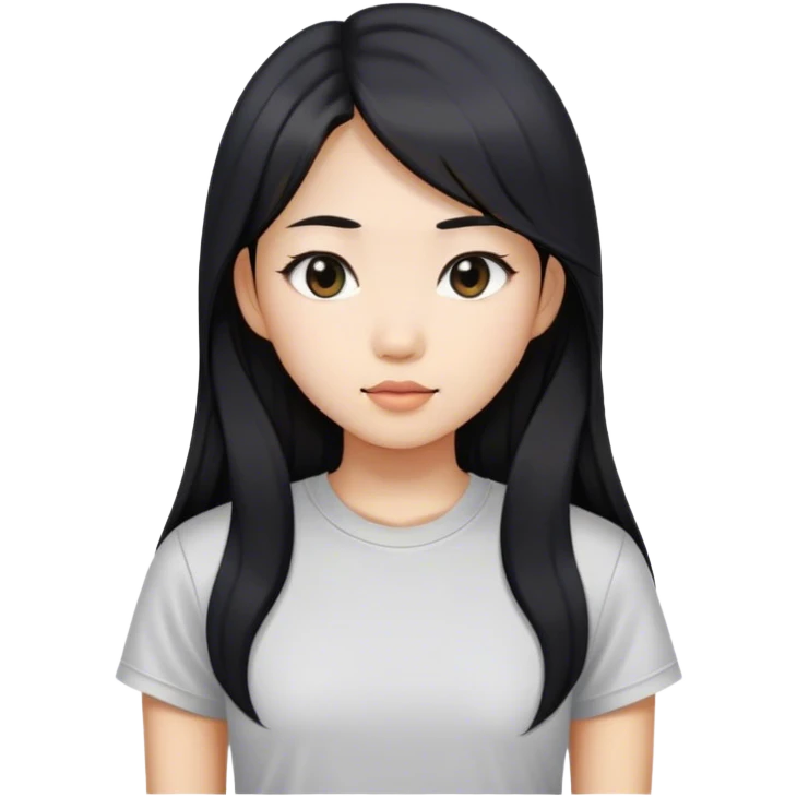 an asian girl with straight black and long hair, slight waves, tshirt emoji