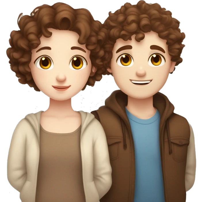 Cute chubby Girl with brown curly hair and blue eyes and pale skin with freckles hugging a tall handsome boy with brown hair brown eyes and white skin emoji
