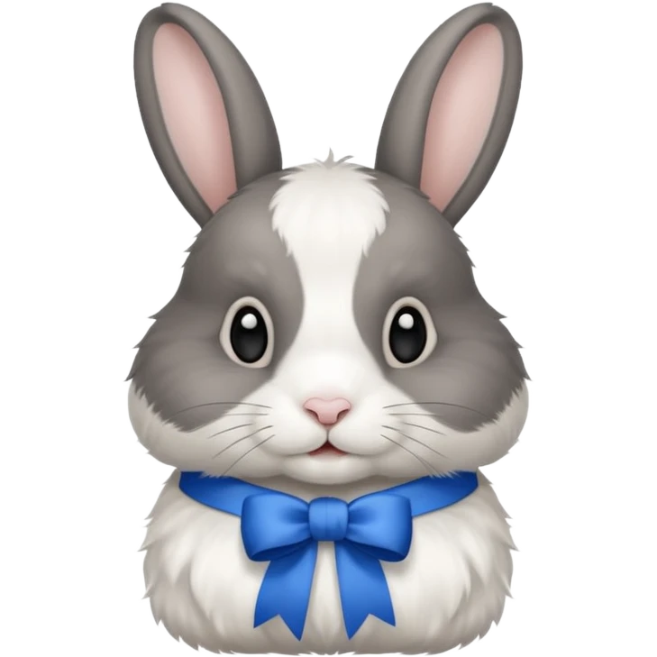 a white and black realistic domestic rabbit with a blue ribbon on its neck emoji
