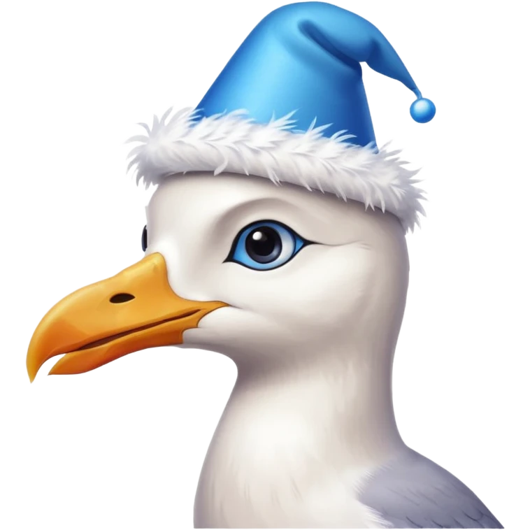 A seagull with a party hat, only the head zoomed in emoji