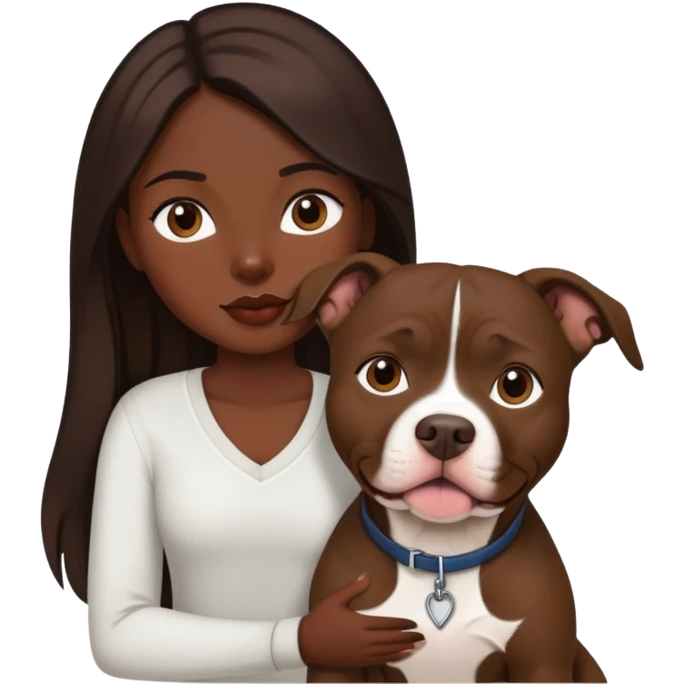 girl with dark brown long hair with her pitbull dog brown and white emoji