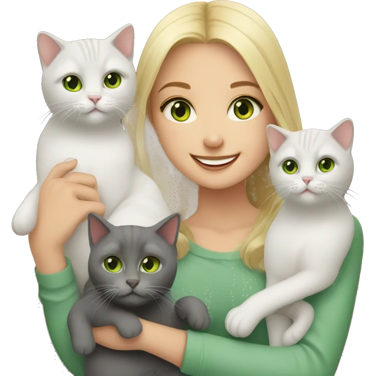 Me( blond girl with green eyes) smiling and holding British shorthair cats emoji