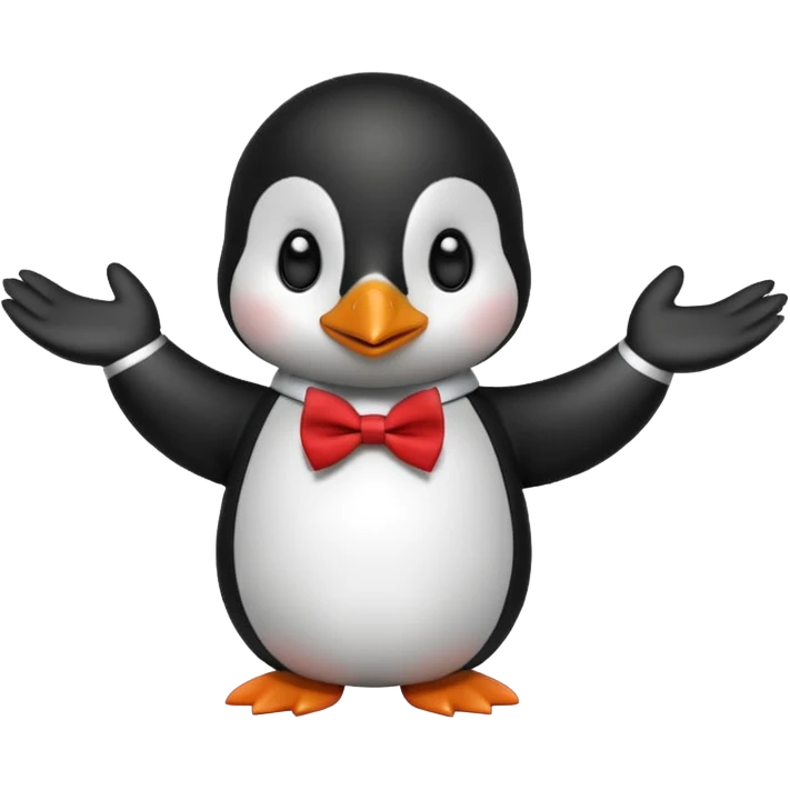 Un pinguino con una pajarita roja haciendo el gesto con la mano de cumplir una promesa. Como este pero con la palma de la mano abierta  emoji