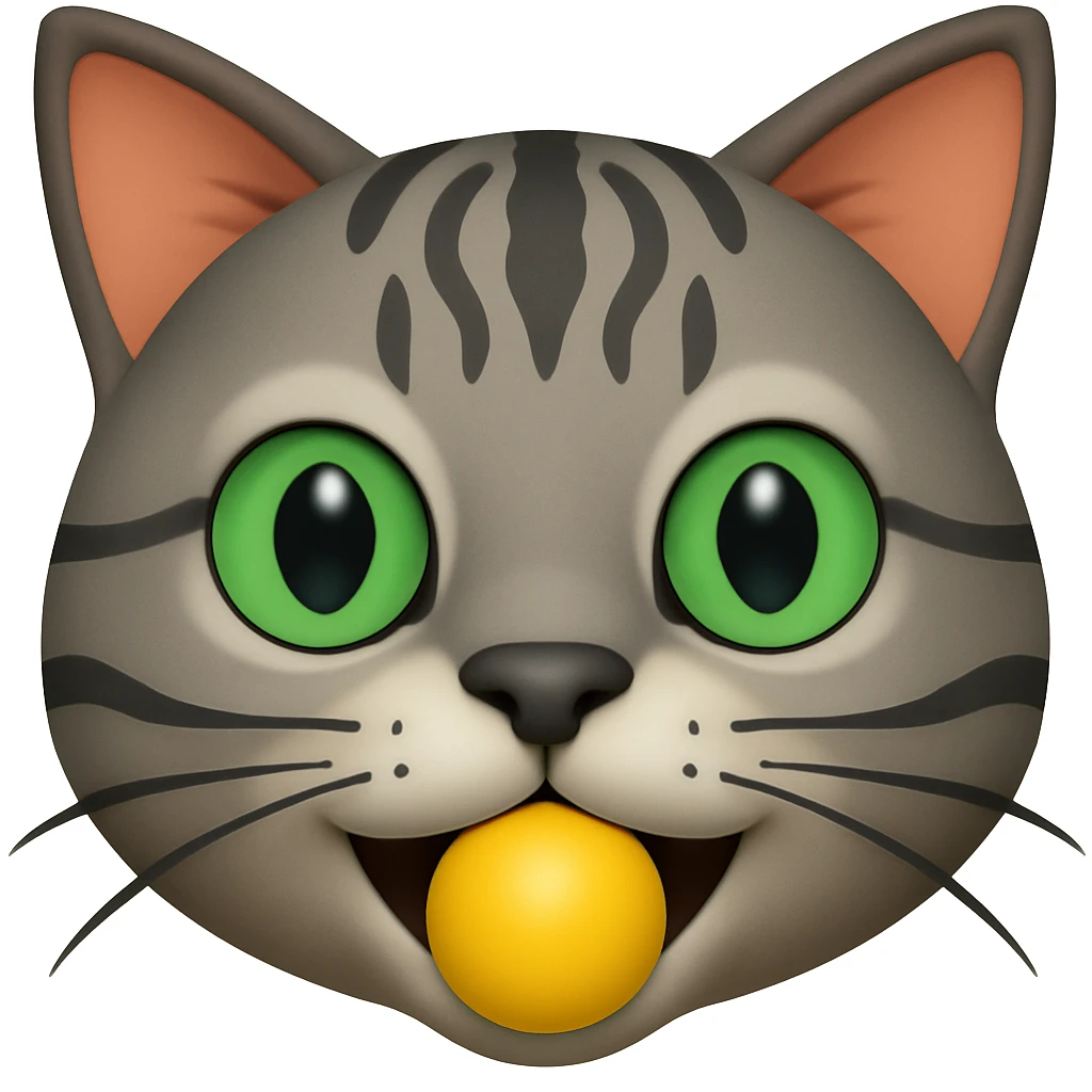 gray cat head with black stripes, large green eyes, big round black pupils, mouth open, small solid yellow ball in mouth, pink inside ears, emoji style emoji