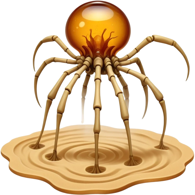 A quadrupedal being with a body of compressed amber sand that solidifies into glass-like plates at its joints, featuring hollow chambers within its torso where small dust devils perpetually swirl.

 emoji
