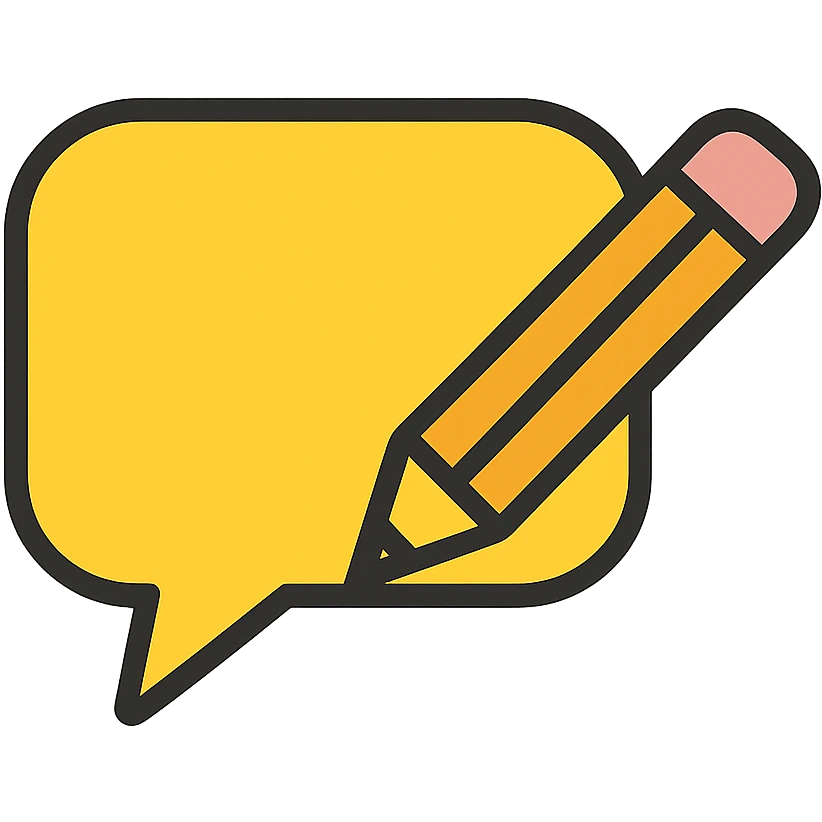 comic style speech bubble with a pen or pencil, representing a post caption as if it were a comment emoji