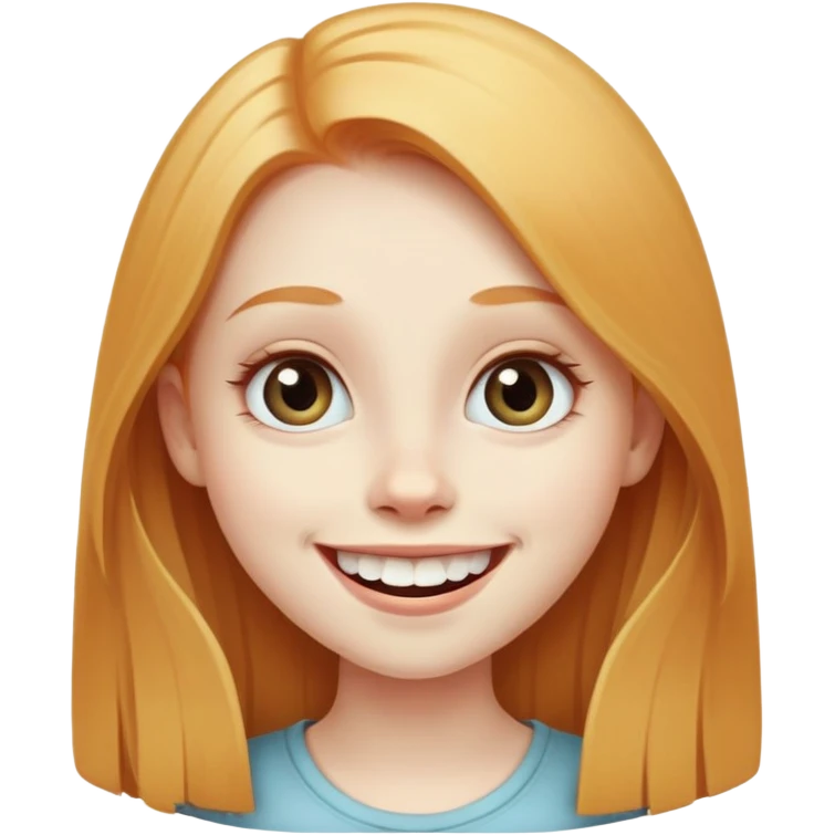traditional simple emoji of young girl with very pale skin, long straight ginger blonde hair, big eyes, big smile with teeth showing, classic round face emoji
