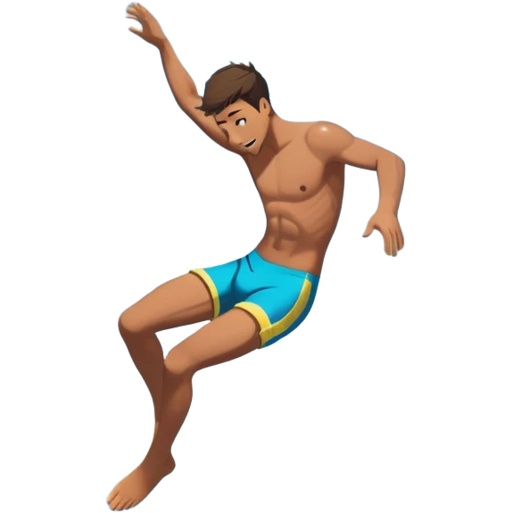 A diver mid-air, plunging from a high cliff into the sparkling ocean below. The background features rugged cliffs, clear blue water, and a bright sky, emphasizing the excitement and danger of the sport with a sense of freedom and adventure. emoji