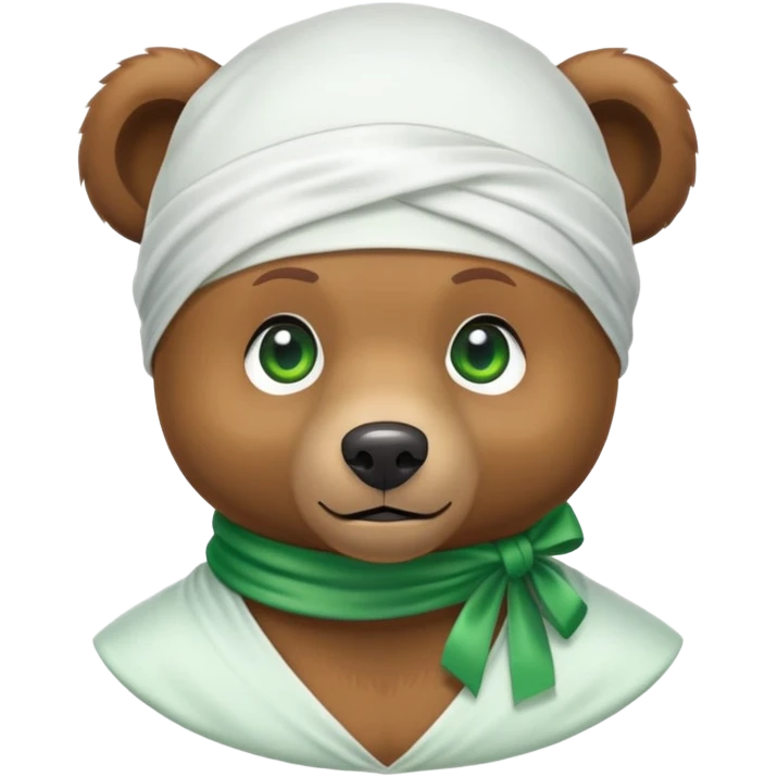Adorable small brown bear face with green eyes wearing a white silk durag tied at the back, urban style, iOS emoji style emoji