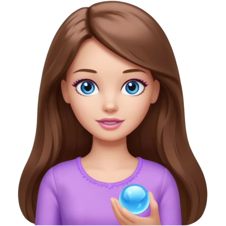 beautiful barbie girl with long brown hair, blue eyes and wearing light purple clothes playing games emoji