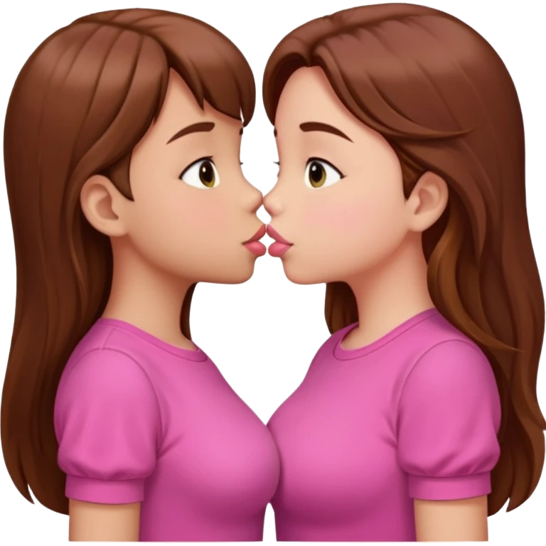 two 5 year old gals about to kiss on the lips, lips extremely close but not touching, pink shirts, long brown hair, big boobs emoji