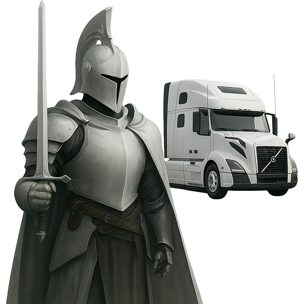 Remove the background, keep only the white knight and the 2022 white Volvo semi sleeper truck with transparent background. emoji