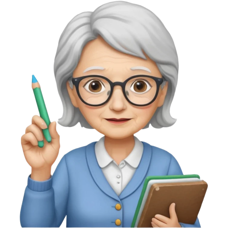 woman teacher, old, wearing glasses, hold chalk on hand emoji