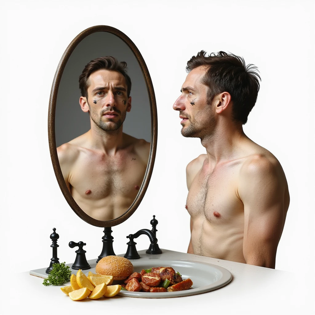 realistic man with marked face and dull eyes, mirror reflecting an image of himself with dull skin and fragile hair, healthy fatty foods barred on the sink, Italian caption: 'No grassi buoni: effetti visibili', isolated on white background emoji