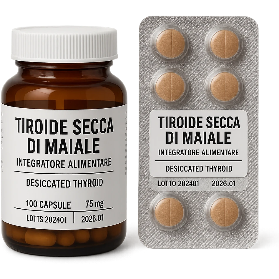 supplement jar and blister pack both labeled 'Tiroide Secca di Maiale', labels clearly visible, isolated on white, pharmaceutical style, hyperrealistic 4K emoji