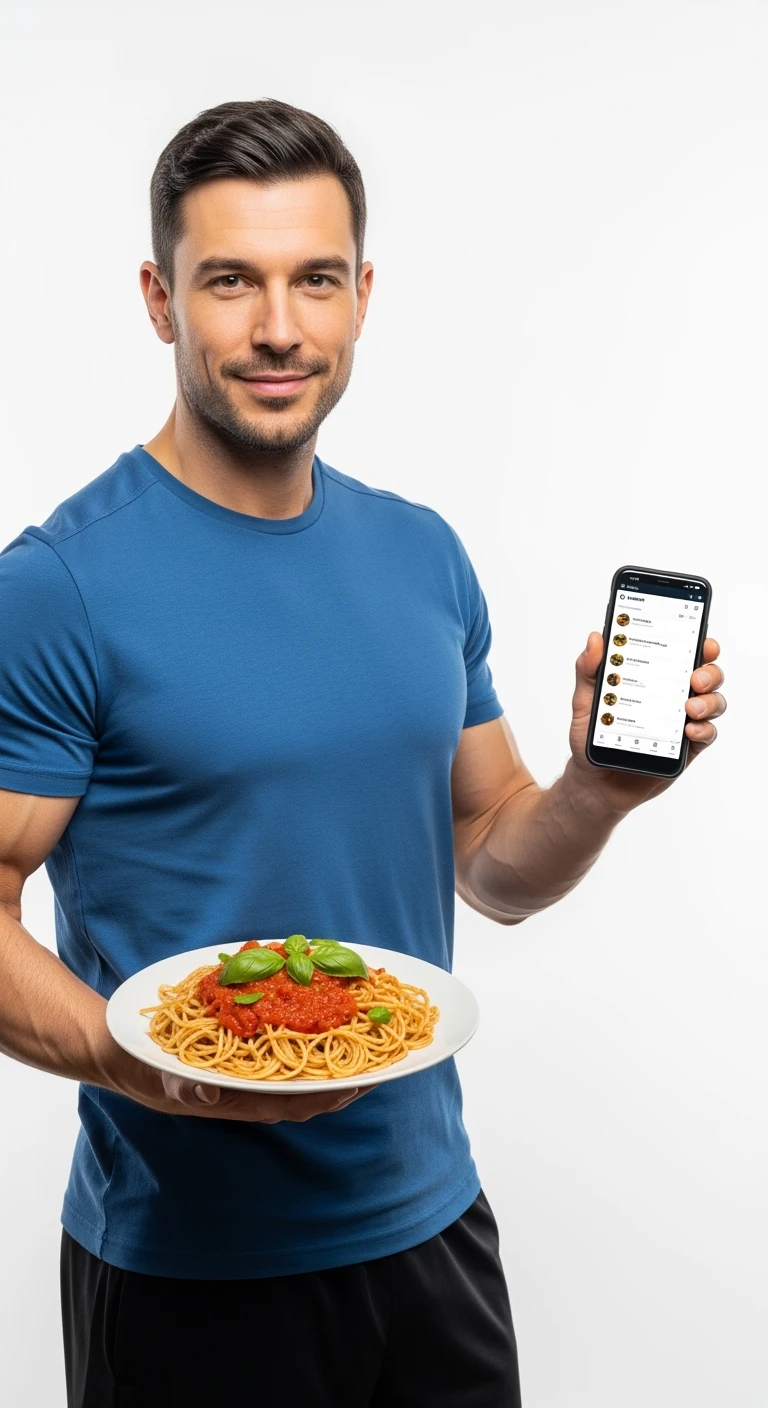uomo fitness con piatto di pasta in mano e smartphone, sfondo bianco emoji