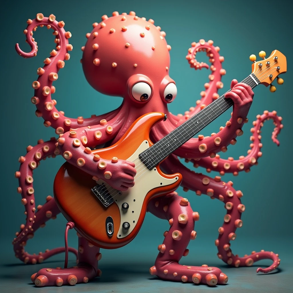 happy octopus with multiple arms playing guitar emoji