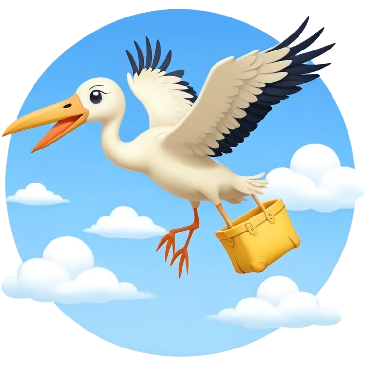 stork flying with a baby in a yellow bundle emoji