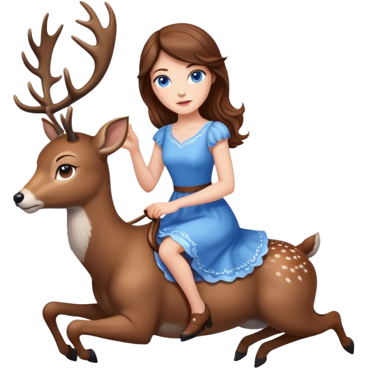 A white woman with brown hair and blue eyes in dress in riding a deer emoji
