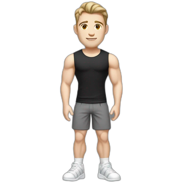Idyll Pale skinned Fit Man With the biceps and dark brown hair in black shirt, gray sports shorts and white Sneakers emoji