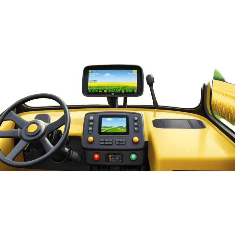 a view from the tractor cabin, with the dashboard in focus, overlooking a vibrant rural landscape. Inspired by Farming Simulator 22, the scene includes fields, crops, and distant barns under a bright sky. The design highlights the immersive experience of farm management. transparent background emoji