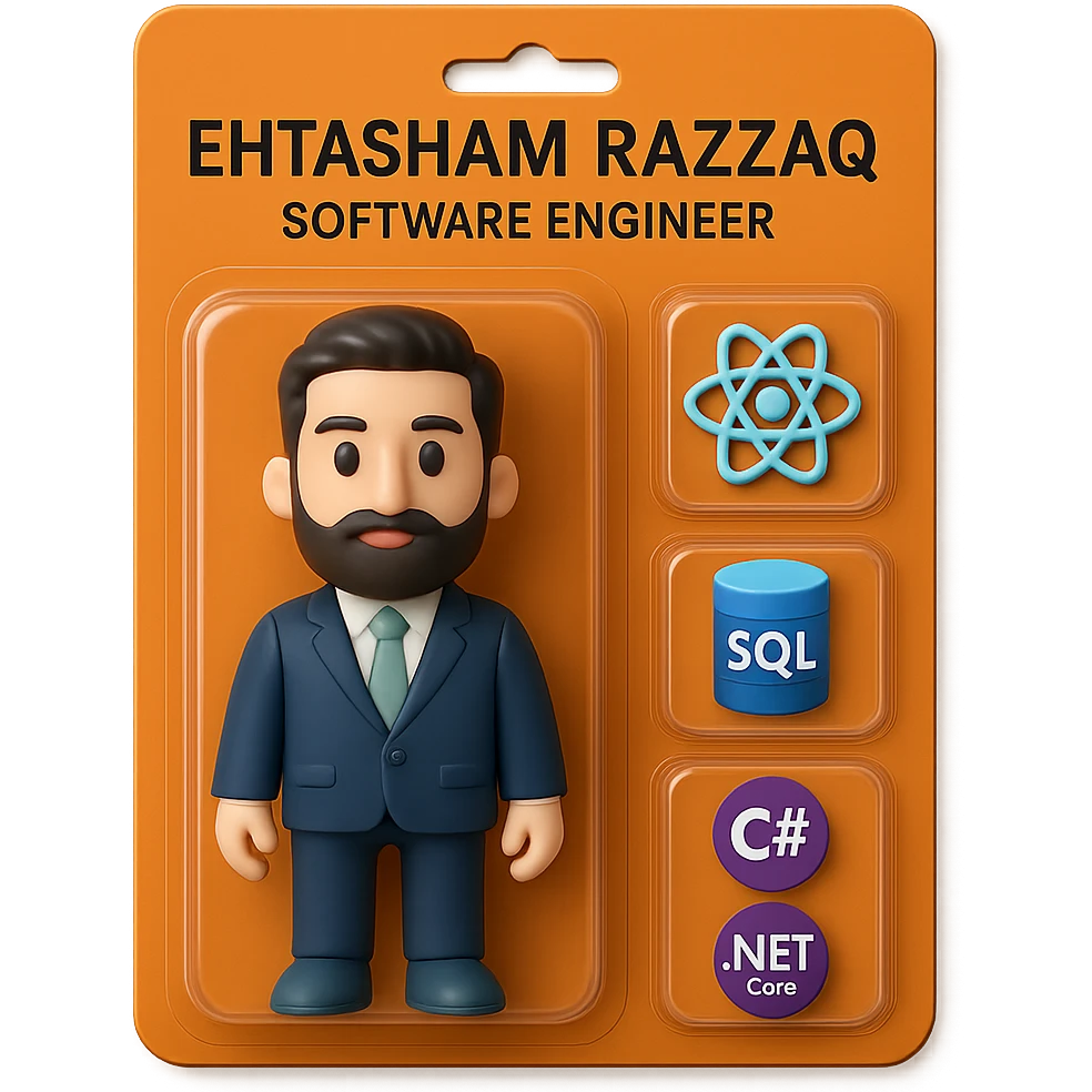 Create a realistic collectible action figure toy of the person in the photo, packaged in a strong orange carded blister box. The figure is inside its own blister. Next to the figure, include four separate equipment items, each in its own individual blister: 1) a React logo, 2) a SQL logo, 3) a C# logo, 4) a .NET Core logo. Do not repeat any equipment. On top of the box, write 'Ehtasham Razzaq' and underneath it, 'Software Engineer'. All items must be inside blisters. Visualize this in a realistic, collectible action figure style. emoji