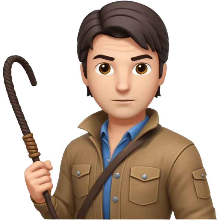 man with a whip portrait, head and shoulders only, whip coiled on shoulder, rugged outfit, confident look, 3D cartoon, mobile game icon style, clean background, no text, no watermark
 emoji