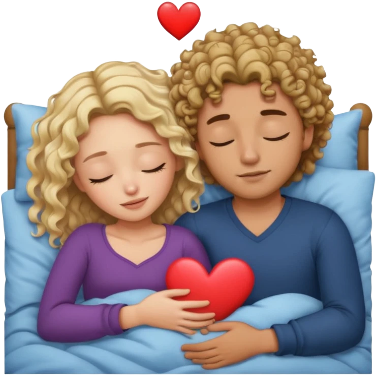 cuddling in bed, asleep. wavy haired blonde girl. man with curly,  dark brown hair. eyes closed. heart between them. no headboard emoji